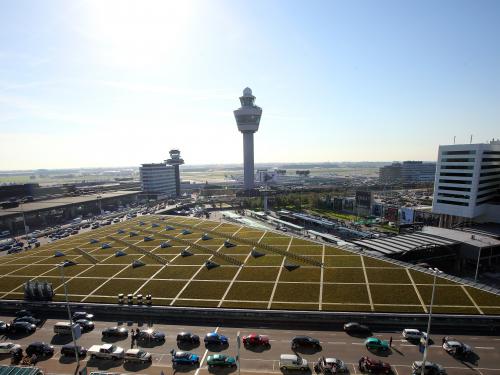 Green roof with photovolaics on a terminal building